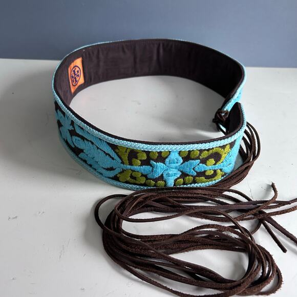 Tory Burch woven belt all over embroidery fringe tie boho hippie vintage 70s